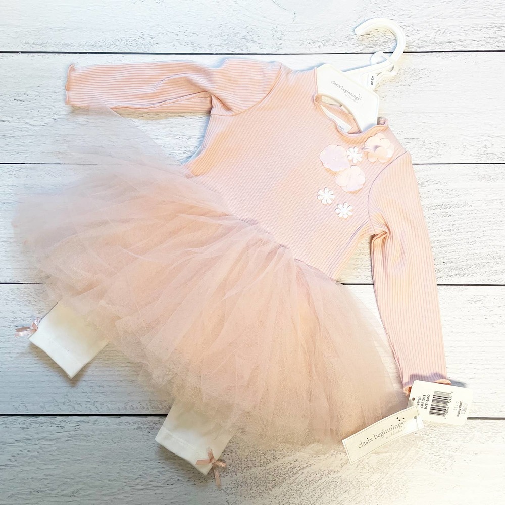 Clasix Beginnings Pink Long Sleeve Tulle Skirt Dress White Leggings NEW 6 Months